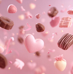 pastel pink valentine background, cute chocolate sweets floating softly, heart-shaped chocolates, strawberry chocolate, ribbons and small hearts, soft fluffy atmosphere, dreamy and sweet mood.