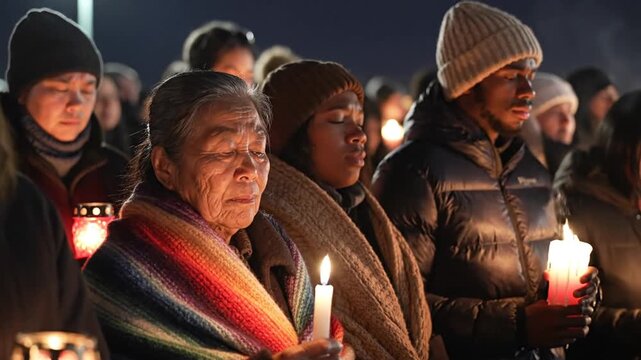 Diverse group of people holding candles in a nighttime vigil, praying and remembering.