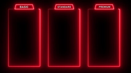 glowing neon Basic, Standard, and Premium Package subscription tiers, Animation. Pricing and Features, Pricing plans table, pricing chart, price list for web or app tech concept 4k video,