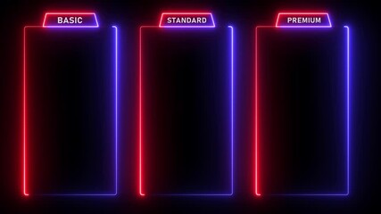 glowing neon two color Basic, Standard, and Premium Package subscription tiers, Animation. Pricing and Features, Pricing plans table, pricing chart, price list for web or app tech concept 4k video,