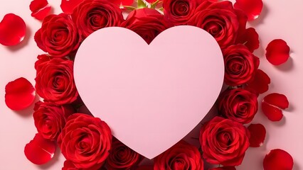 a large pink heart surrounded by red roses and petals on a pink background