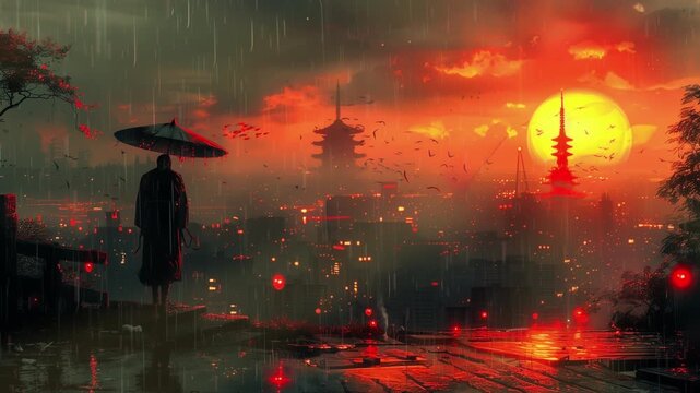 Lone figure under umbrella atop rainy cityscape at sunset video LoFi animation, ai generated. Cyberpunk rainfall Japan city. Animated Lo-Fi aesthetic 4K motion graphics with floating dust particles