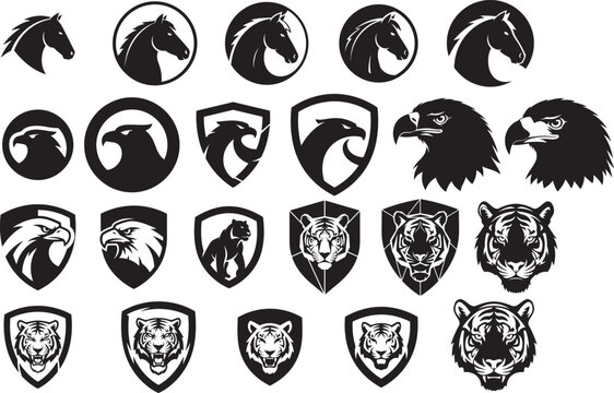 Wild animal logo collection with horse, eagle, tiger and panther head silhouettes in shield and circular emblems, bold black vector set for branding, sports teams, mascots and badges