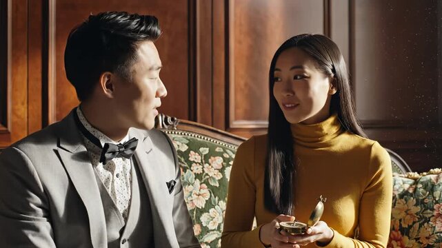 Man and woman in formal attire examining small object