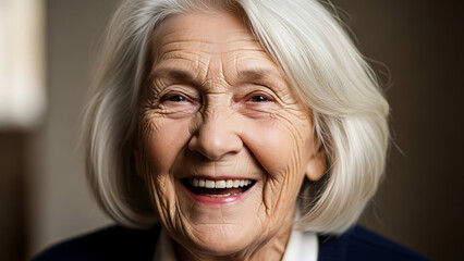 A close-up portrait of a smiling elderly woman with bright, white hair and a warm, inviting expression, capturing a moment of joy and wisdom
