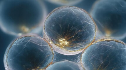 Close-up of a group of spherical objects, which appear to be microscopic organisms. the objects are arranged in a cluster, with the largest object in the center and the smaller ones surrounding it.