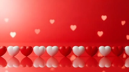 a row of red and white hearts on a reflective surface with floating hearts