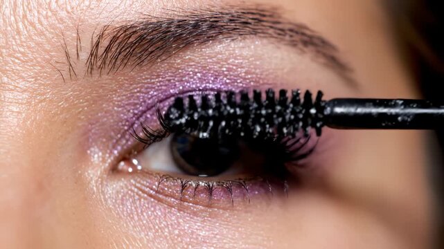 Closeup of eye with purple makeup and mascara