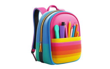 Colorful cartoon school backpack with zipper open showing books and supplies in a playful three dimensional style isolated on transparent background PNG