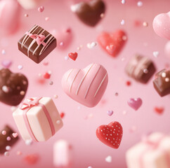 pastel pink valentine background, cute chocolate sweets floating softly, heart-shaped chocolates, strawberry chocolate, ribbons and small hearts, soft fluffy atmosphere, dreamy and sweet mood.