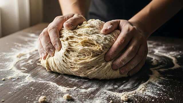 Hands kneading dough on a wooden table dusted with flour, preparing for baking a delicious homemade bread or pizza