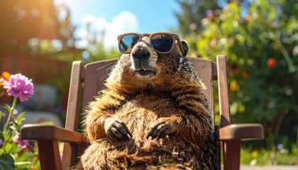 Groundhog wearing sunglasses sitting on a wooden park bench, Groundhog Day concept