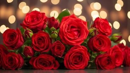 Obraz premium a bouquet of red roses on a table with bokeh lights