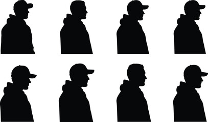 Male silhouette profile set, man wearing hoodie and cap, side view black shadow portraits isolated on white background collection design © MdGolam