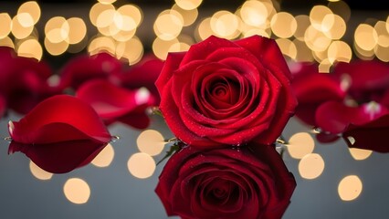 a large red rose with blurred lights and petals in the background