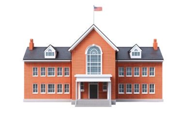 Friendly educational building with waving flag illustrated as a playful animated cartoon isolated on transparent background PNG