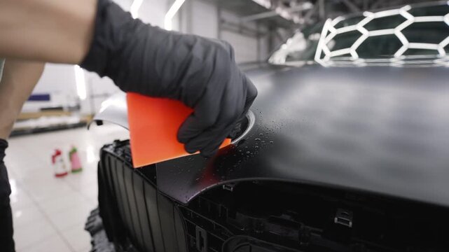 Automotive specialist carefully applying a protective paint film wrap on a modern black car using a squeegee tool in a detailing garage