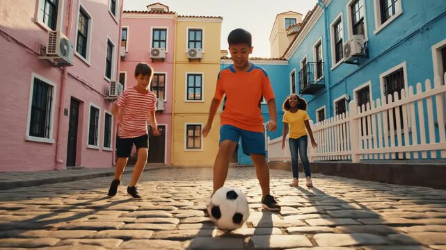 Children playing soccer on cobblestone street