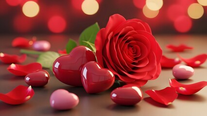 A beautiful red rose surrounded by hearts and petals on a romantic background