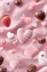 pastel pink valentine background, cute chocolate sweets floating softly, heart-shaped chocolates, strawberry chocolate, ribbons and small hearts, soft fluffy atmosphere, dreamy and sweet mood.