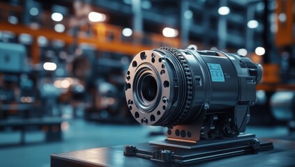 Advanced industrial electric motor component with intricate mechanical details, showcased in a modern manufacturing facility.