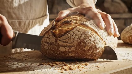 A closeup shot captures the skilled hands of a baker or home cook expertly slicing a freshly baked rustic sourdough bread loaf on a wooden cutting board revealing its soft interior and crispy crust e. - Powered by Adobe