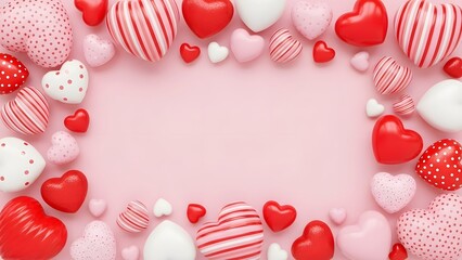 a large collection of red and white hearts on a pink background