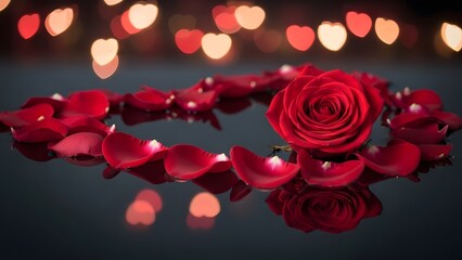 romantic red rose surrounded by heart shaped petals and lights high quality