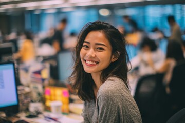 Asian Women Happy Face In Work Space and Office