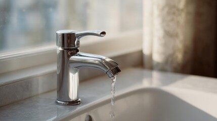 Modern bathroom sink with a chrome faucet. the sink is white and has a rectangular shape with a curved spout. water is flowing from the spout into the sink, creating a stream of water.