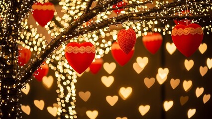 a romantic display of heart shaped decorations and lights on a tree branch