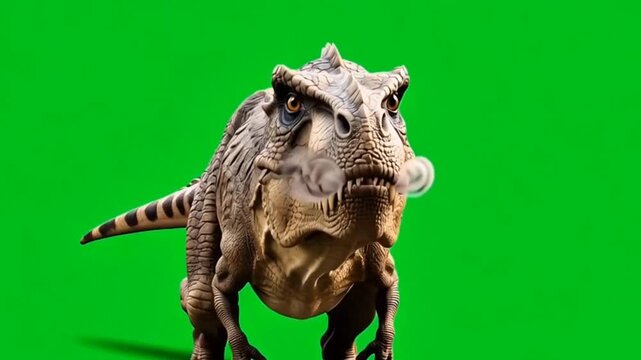 Roaring Angry Dinosaur Looking at Camera on Green Screen
