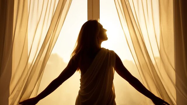 Silhouette of woman opening curtains at sunrise