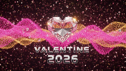 A brilliant faceted diamond heart shines prominently, flanked by flowing waves of shimmering pink and gold glitter particles, with "Valentine 2026" text against a dark, sparkling background.