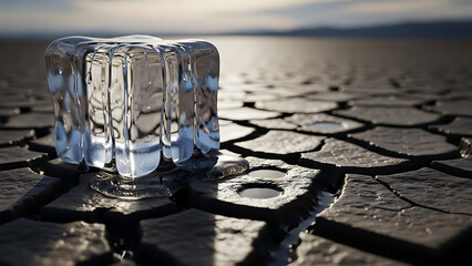 Melting ice cube on cracked, sun-baked earth a stark symbol of environmental fragility, global warming, and the critical issue of water scarcity