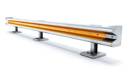 A gray and yellow highway guardrail isolated on a white background