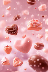 pastel pink valentine background, cute chocolate sweets floating softly, heart-shaped chocolates, strawberry chocolate, ribbons and small hearts, soft fluffy atmosphere, dreamy and sweet mood.