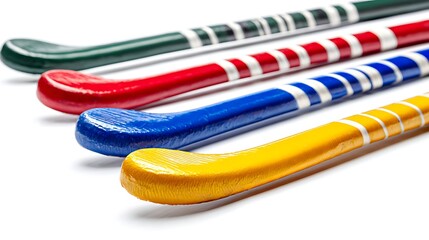 A colorful arrangement of field hockey sticks on a white background