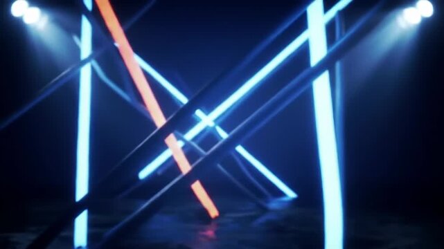 Abstract neon light installation with blue and orange tubes in a dark room.