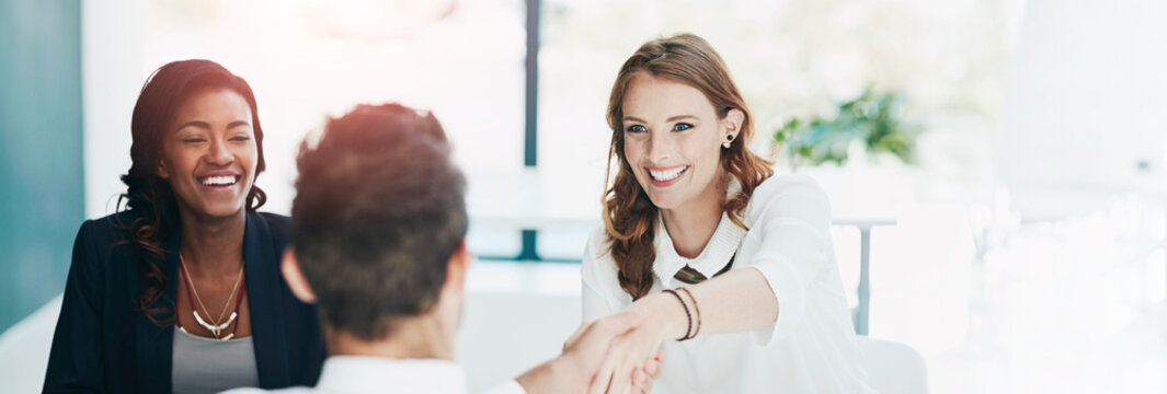 Business, interview and woman with handshake in office for vacancy success, onboarding and welcome. Banner, HR managers or candidate with shaking hands for job recruitment, contract agreement or deal