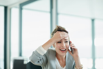 Stress, phone call or business woman in office for consulting, bad news or report mistake to...