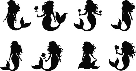 Mermaid silhouette set, fantasy sea princess figures, black vector underwater girl illustrations for fairytale, ocean, magic, design, decoration © MdGolam
