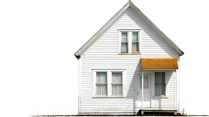 A simple white gable house with windows and a small porch overhang