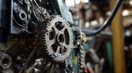 Fototapeta premium Close up of a dirty gear covered in colorful plastic remnants, highlighting the innovative process of plastic recycling or production within an industrial setting