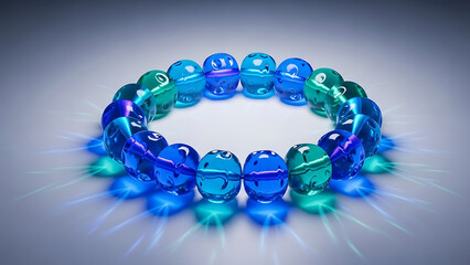 Vibrant blue and green translucent beads radiating a luminous glow, elegantly arranged in a sparkling circle on a subtle light background, creating an ethereal and captivating display