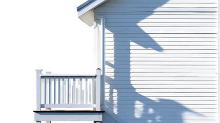 Light and shadow play on a pale blue house exterior with a balcony