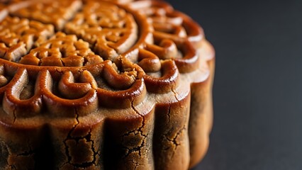 Traditional Mooncake with Intricate Designs on Dark Background.