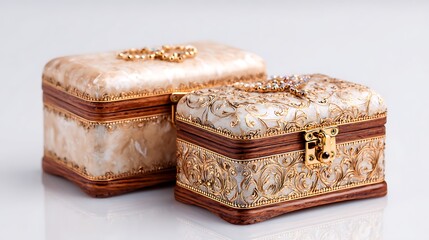 Elegant antique jewelry boxes with pearl inlay and gold accents displayed