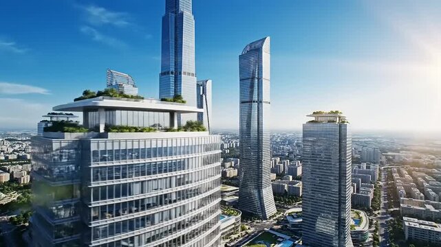 Modern skyscrapers against blue sky aerial view architecture