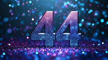 Glittering Metallic Number Forty-Four on Vibrant Turquoise Background with Colorful Sparkles